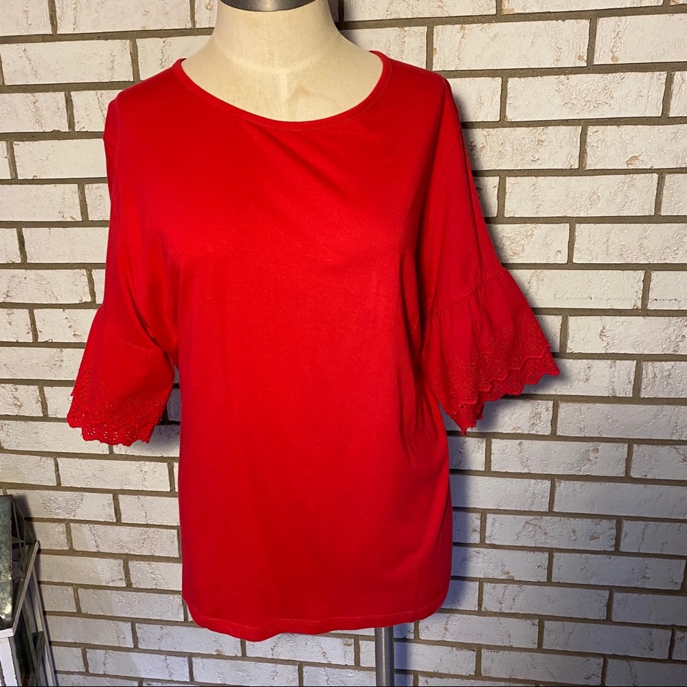 Primary - Red top with lace bell sleeves. Sz 16